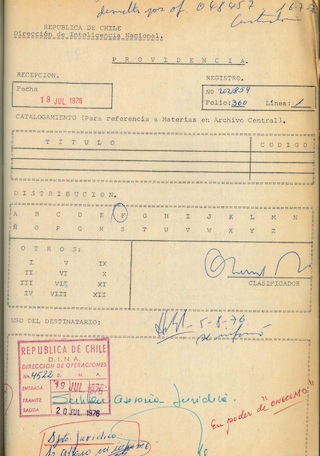 Documento de la DINA, 19 julio de 1976.