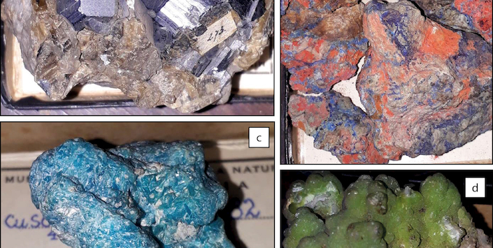 Algunos de los minerales de colorida belleza. a) Galena, b) Ammiolita, c) Krohnkita (mineral nombrado por Ignacio Domeyko), d) Piromorfita. (Las etiquetas no corresponden a las originales).