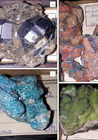 Algunos de los minerales de colorida belleza. a) Galena, b) Ammiolita, c) Krohnkita (mineral nombrado por Ignacio Domeyko), d) Piromorfita. (Las etiquetas no corresponden a las originales).